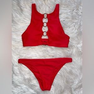 Aerie red bikini set women’s S small swim suit O ring high neck cheeky bathing s